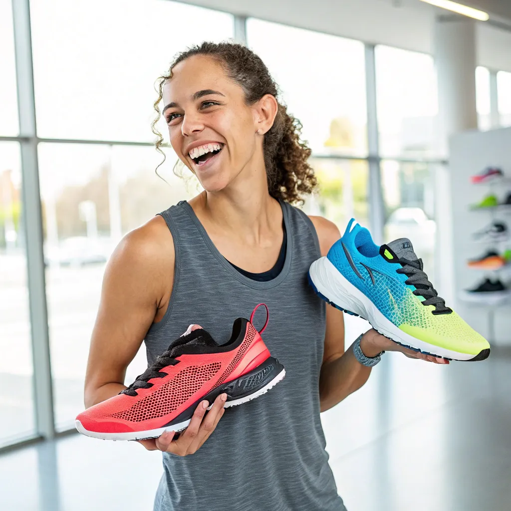 Happy customer holding a new pair of running shoes